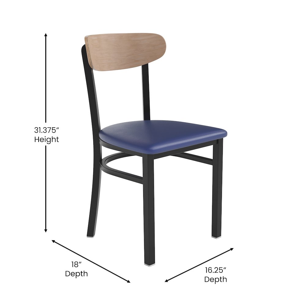 Dining Chair, Natural Birch Finish Wooden Boomerang Back, and Blue Vinyl Seat. Picture 5