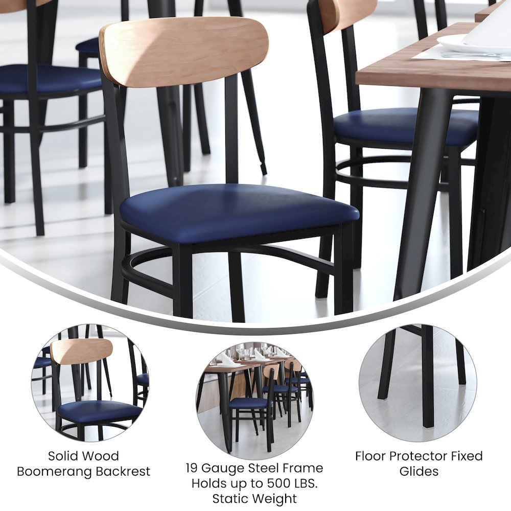 Dining Chair, Natural Birch Finish Wooden Boomerang Back, and Blue Vinyl Seat. Picture 4