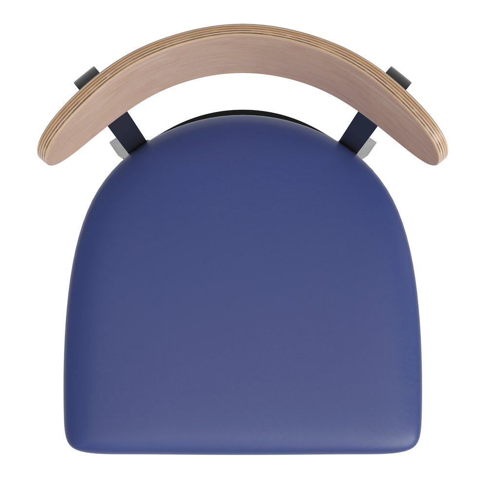 Dining Chair, Natural Birch Finish Wooden Boomerang Back, and Blue Vinyl Seat. Picture 11