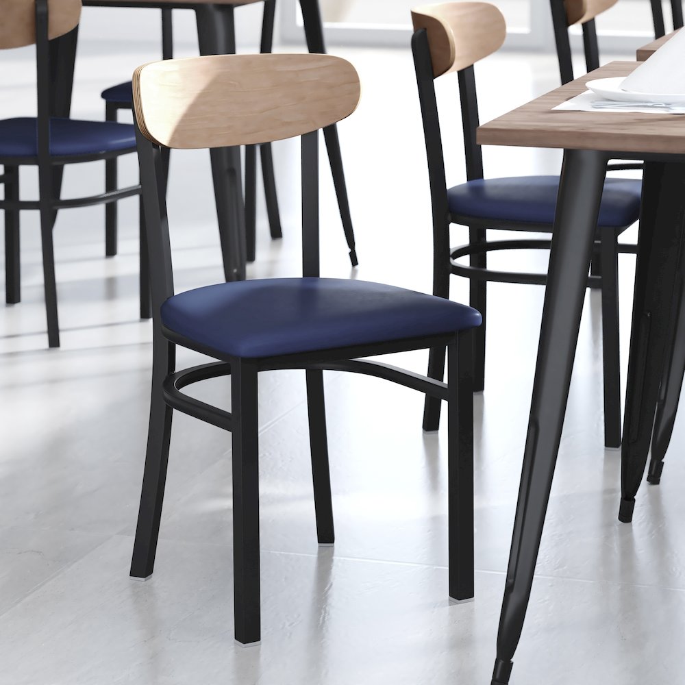 Dining Chair, Natural Birch Finish Wooden Boomerang Back, and Blue Vinyl Seat. Picture 2