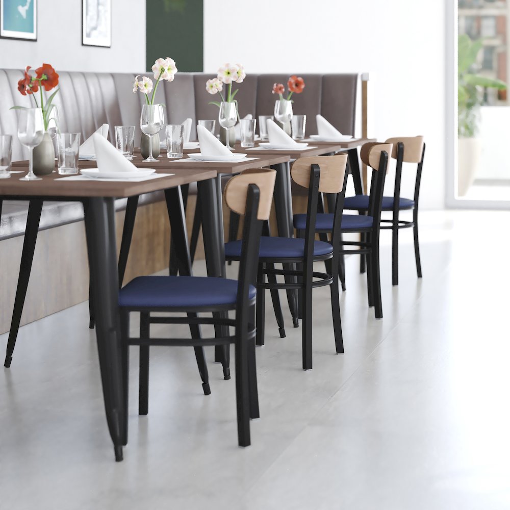 Dining Chair, Natural Birch Finish Wooden Boomerang Back, and Blue Vinyl Seat. Picture 6