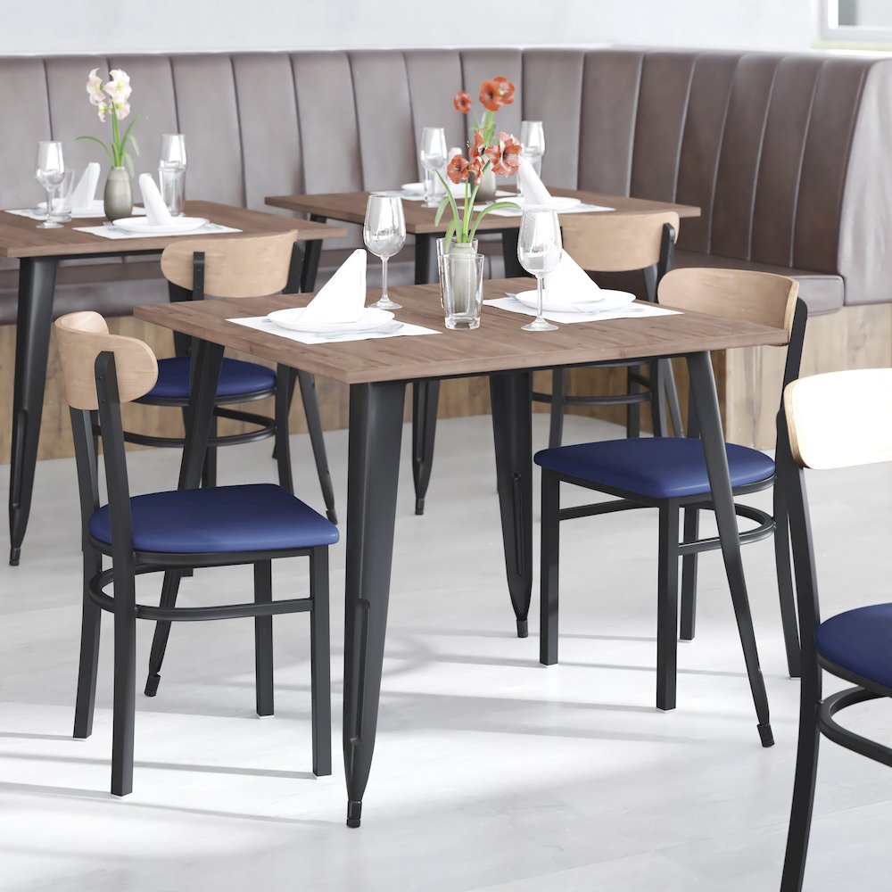 Dining Chair, Natural Birch Finish Wooden Boomerang Back, and Blue Vinyl Seat. Picture 7