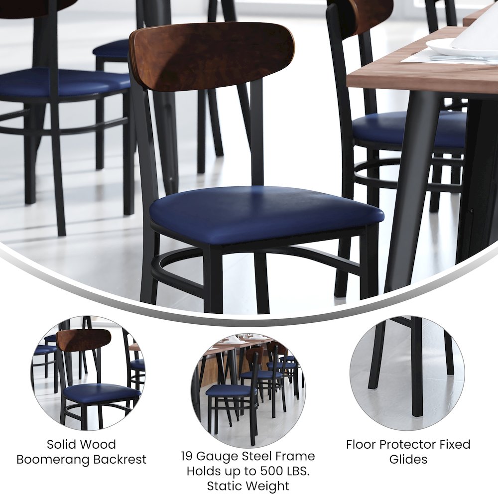 Dining Chair, Wooden Boomerang Back, and Blue Vinyl Seat. Picture 4