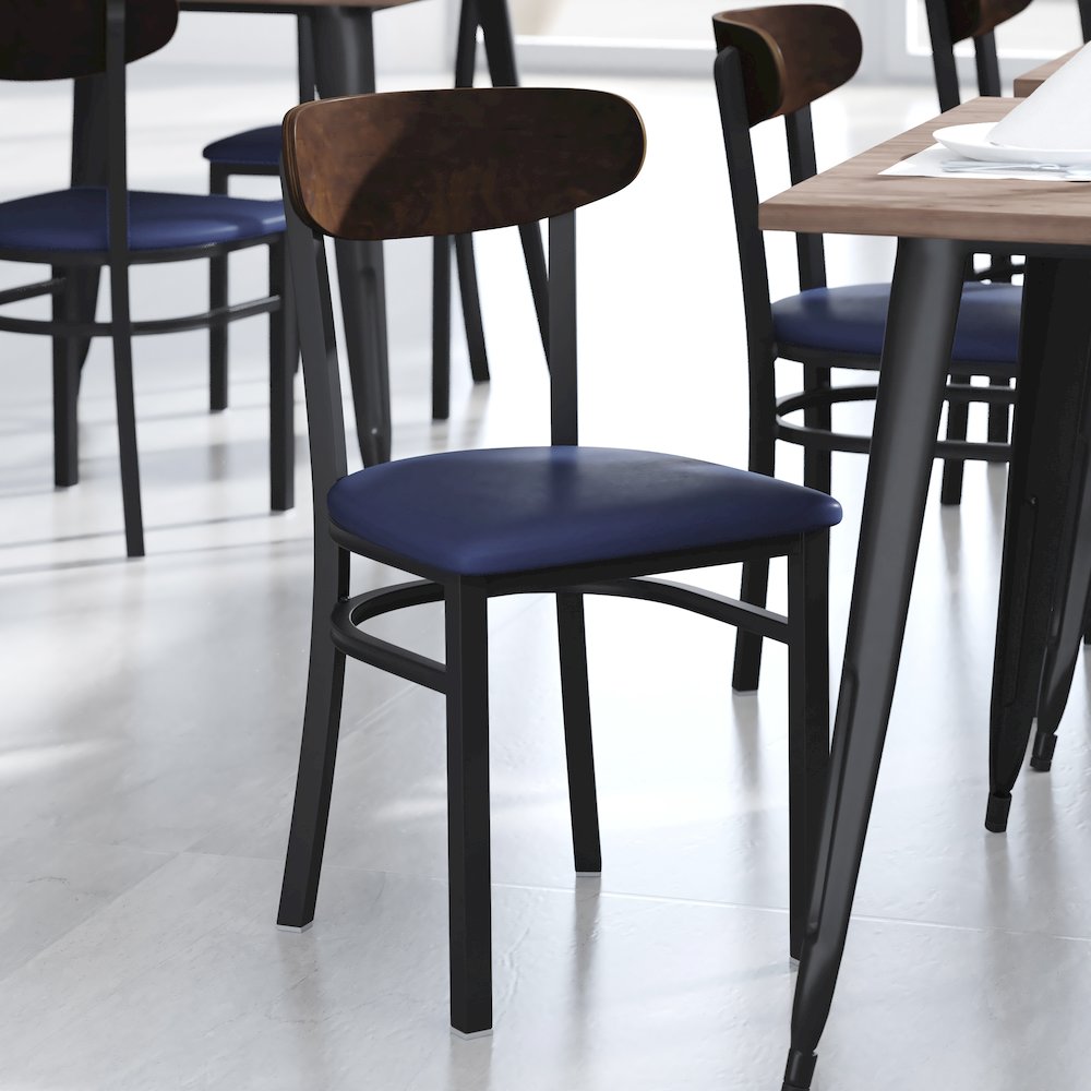 Dining Chair, Wooden Boomerang Back, and Blue Vinyl Seat. Picture 2