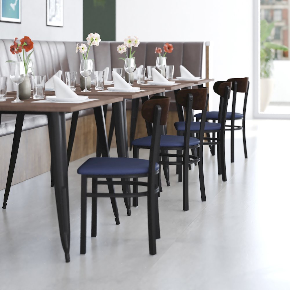Dining Chair, Wooden Boomerang Back, and Blue Vinyl Seat. Picture 6