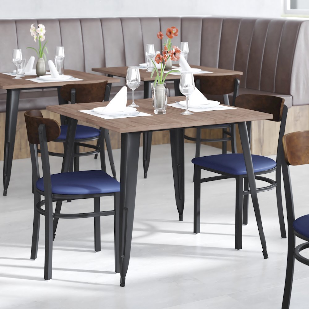 Dining Chair, Wooden Boomerang Back, and Blue Vinyl Seat. Picture 7