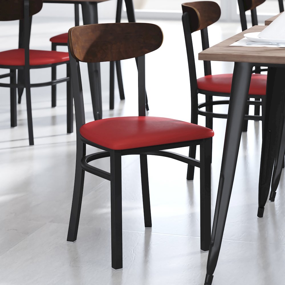 Dining Chair, Wooden Boomerang Back, and Red Vinyl Seat. Picture 2