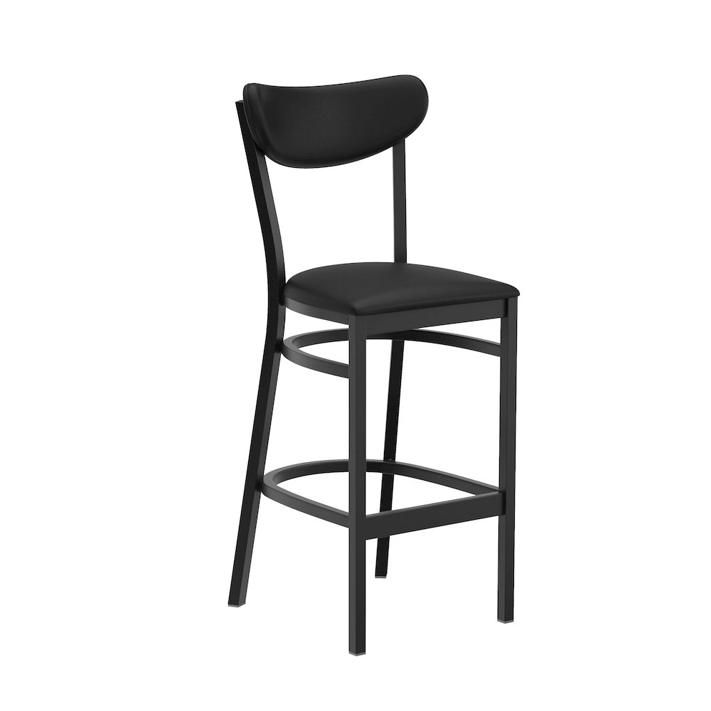 Barstool, Black Steel Frame, Black Vinyl Boomerang Back, and Black Vinyl Seat. Picture 1