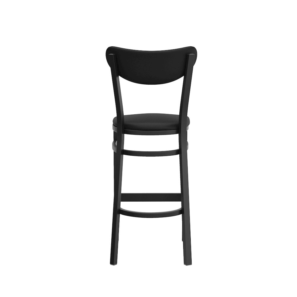 Barstool, Black Steel Frame, Black Vinyl Boomerang Back, and Black Vinyl Seat. Picture 7