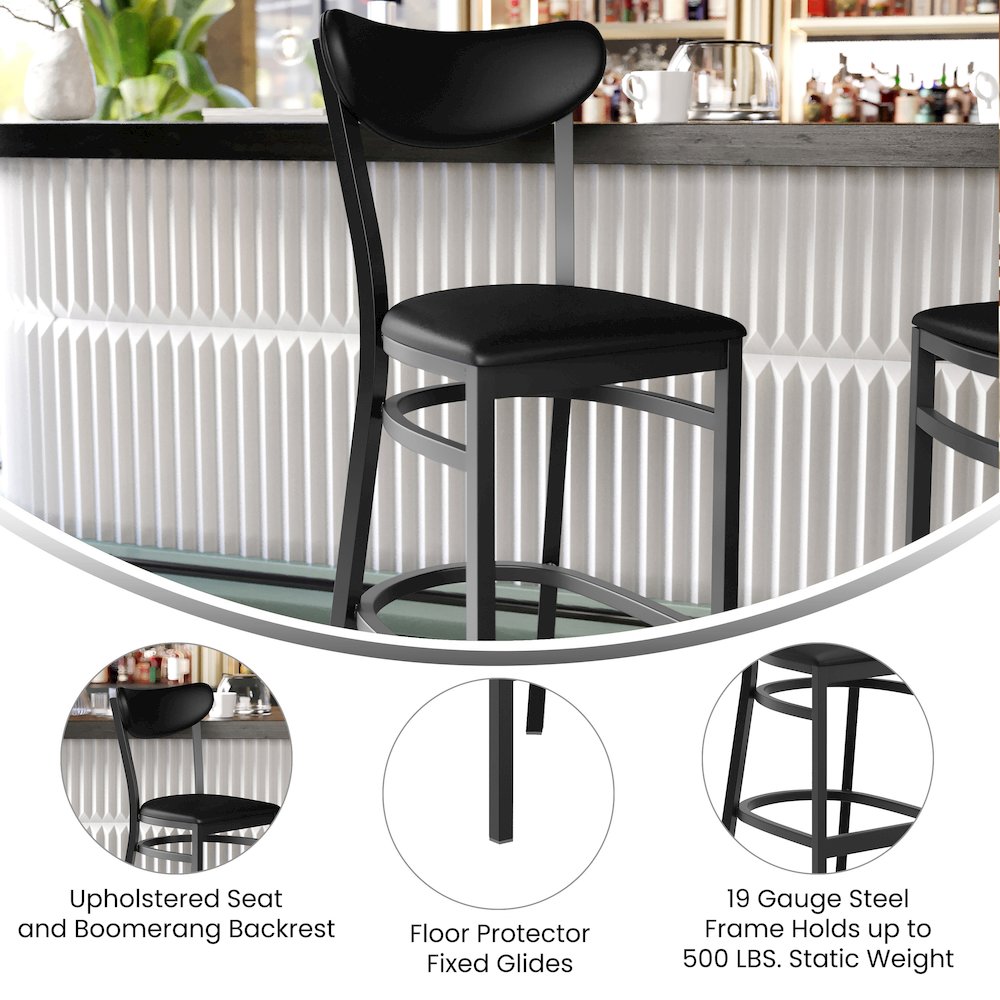 Barstool, Black Steel Frame, Black Vinyl Boomerang Back, and Black Vinyl Seat. Picture 4
