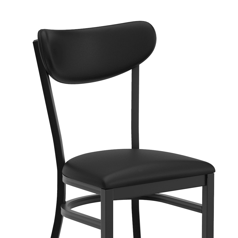 Barstool, Black Steel Frame, Black Vinyl Boomerang Back, and Black Vinyl Seat. Picture 8