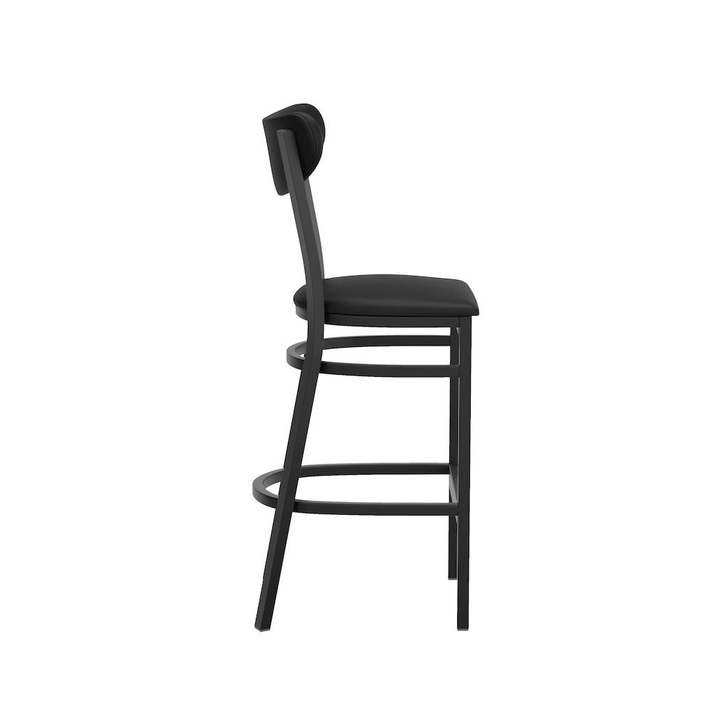 Barstool, Black Steel Frame, Black Vinyl Boomerang Back, and Black Vinyl Seat. Picture 9
