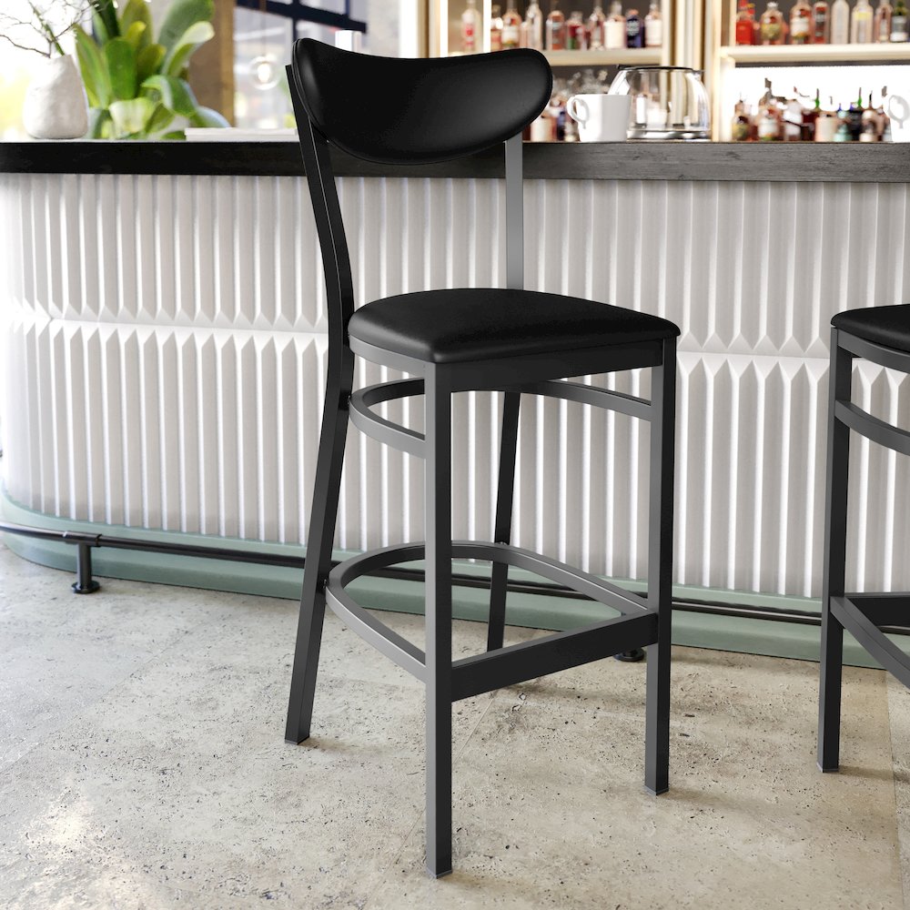 Barstool, Black Steel Frame, Black Vinyl Boomerang Back, and Black Vinyl Seat. Picture 3