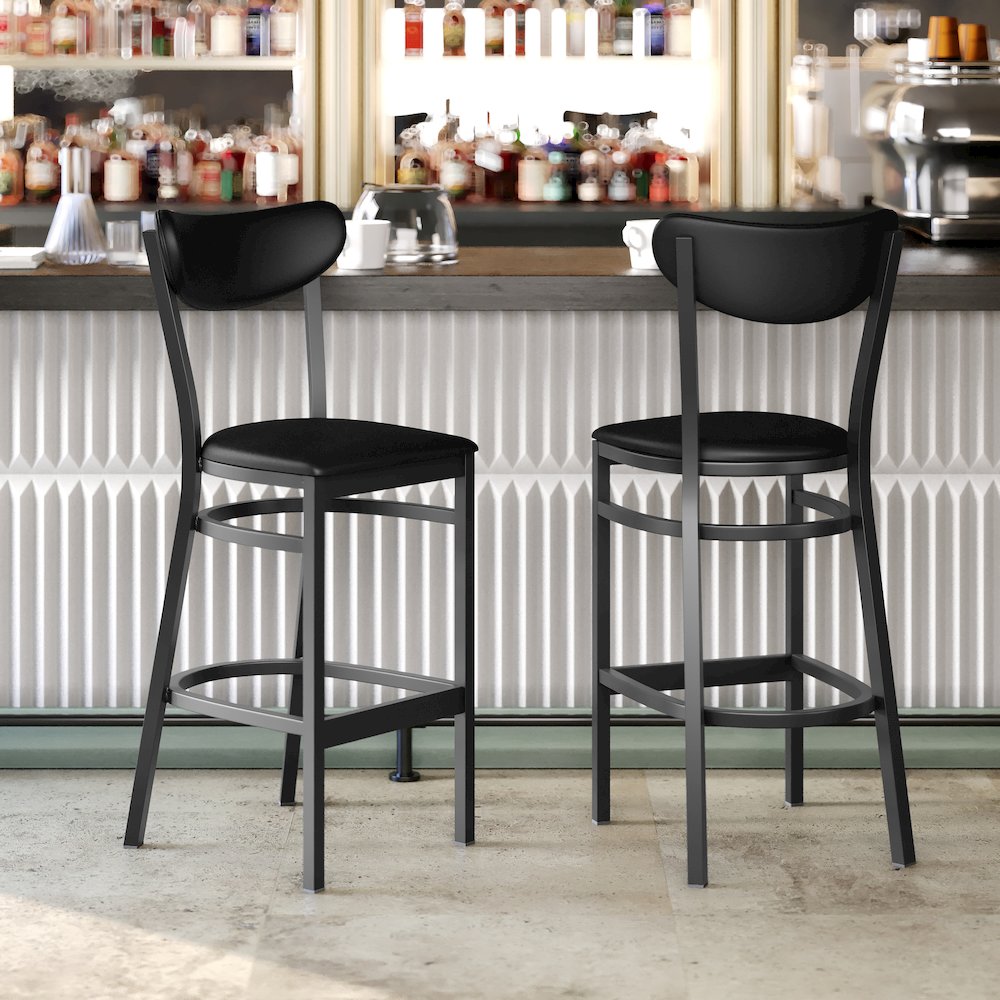 Barstool, Black Steel Frame, Black Vinyl Boomerang Back, and Black Vinyl Seat. Picture 6