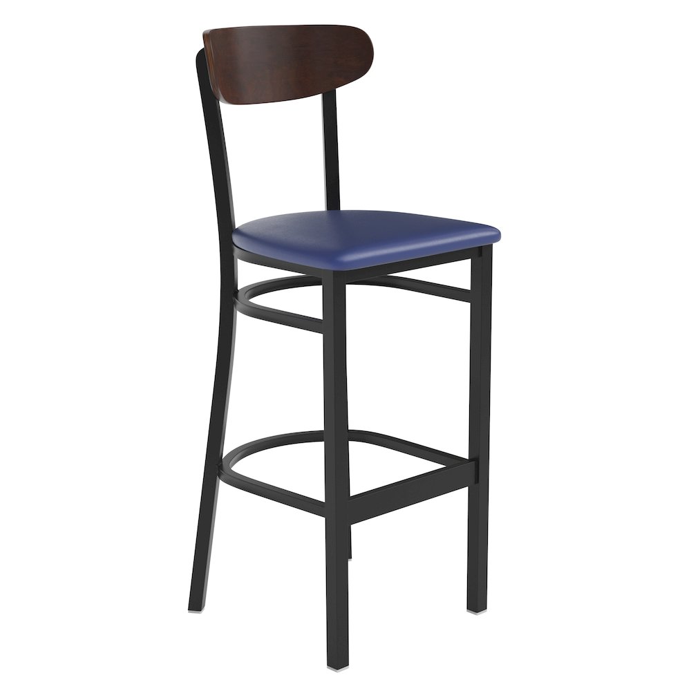 Barstool, Wooden Boomerang Back, and Blue Vinyl Seat. Picture 1