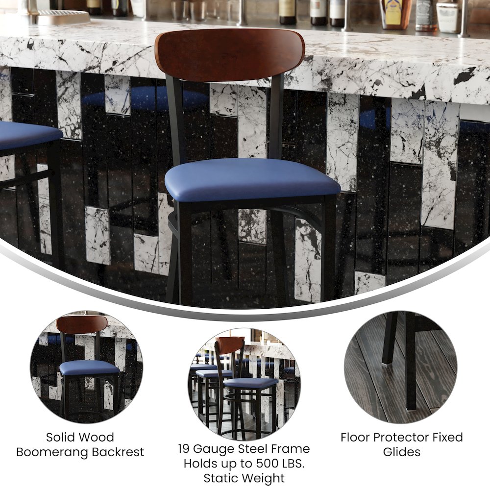 Barstool, Wooden Boomerang Back, and Blue Vinyl Seat. Picture 4