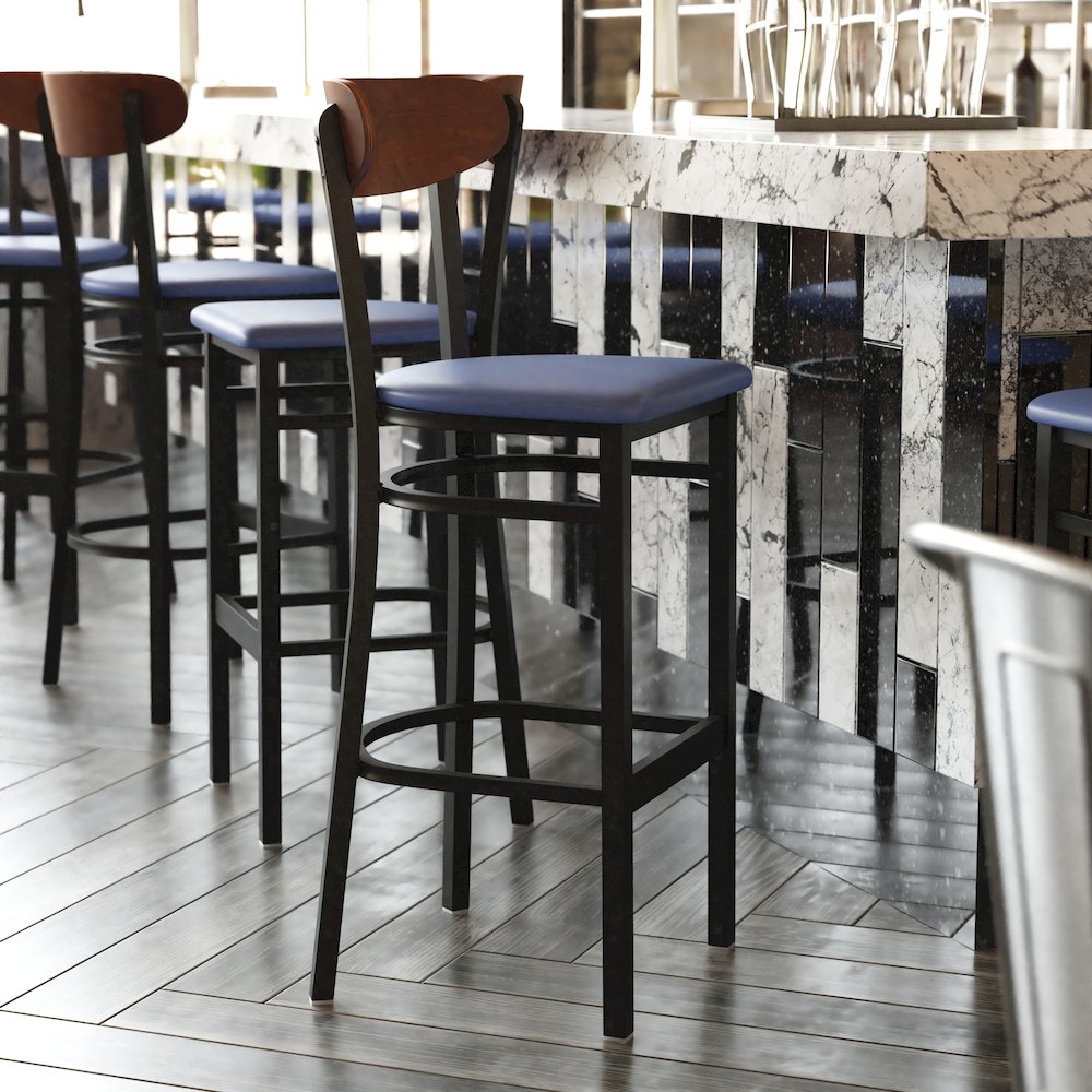Barstool, Wooden Boomerang Back, and Blue Vinyl Seat. Picture 2