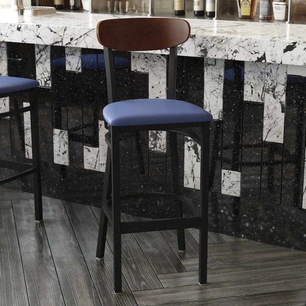 Barstool, Wooden Boomerang Back, and Blue Vinyl Seat. Picture 7