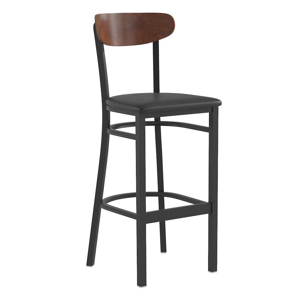 Commercial Bar Stool with Vinyl Upholstered Seat and Wood Boomerang Back. Picture 1