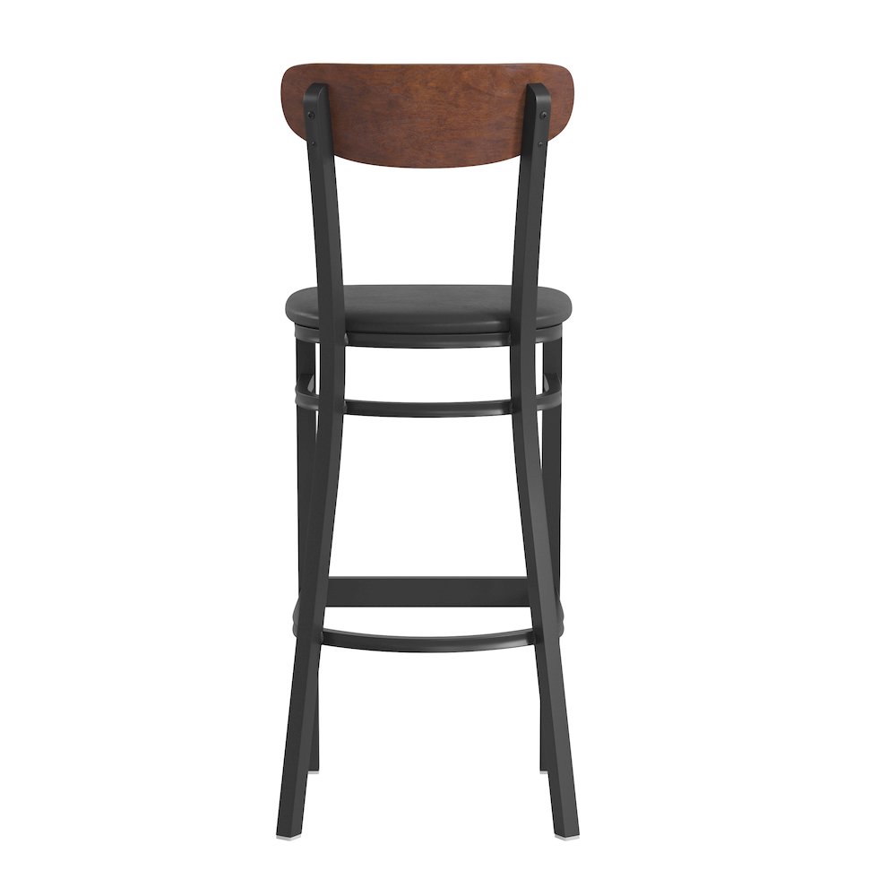 Commercial Bar Stool with Vinyl Upholstered Seat and Wood Boomerang Back. Picture 8