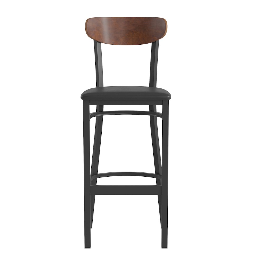 Commercial Bar Stool with Vinyl Upholstered Seat and Wood Boomerang Back. Picture 10