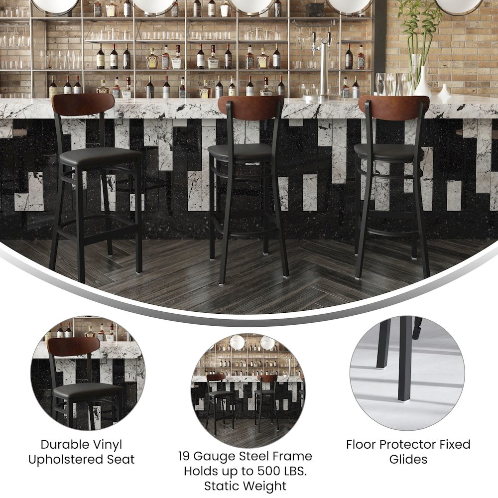 Commercial Bar Stool with Vinyl Upholstered Seat and Wood Boomerang Back. Picture 4