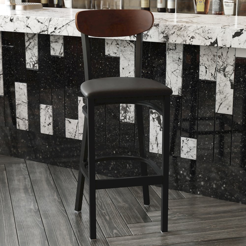 Commercial Bar Stool with Vinyl Upholstered Seat and Wood Boomerang Back. Picture 2