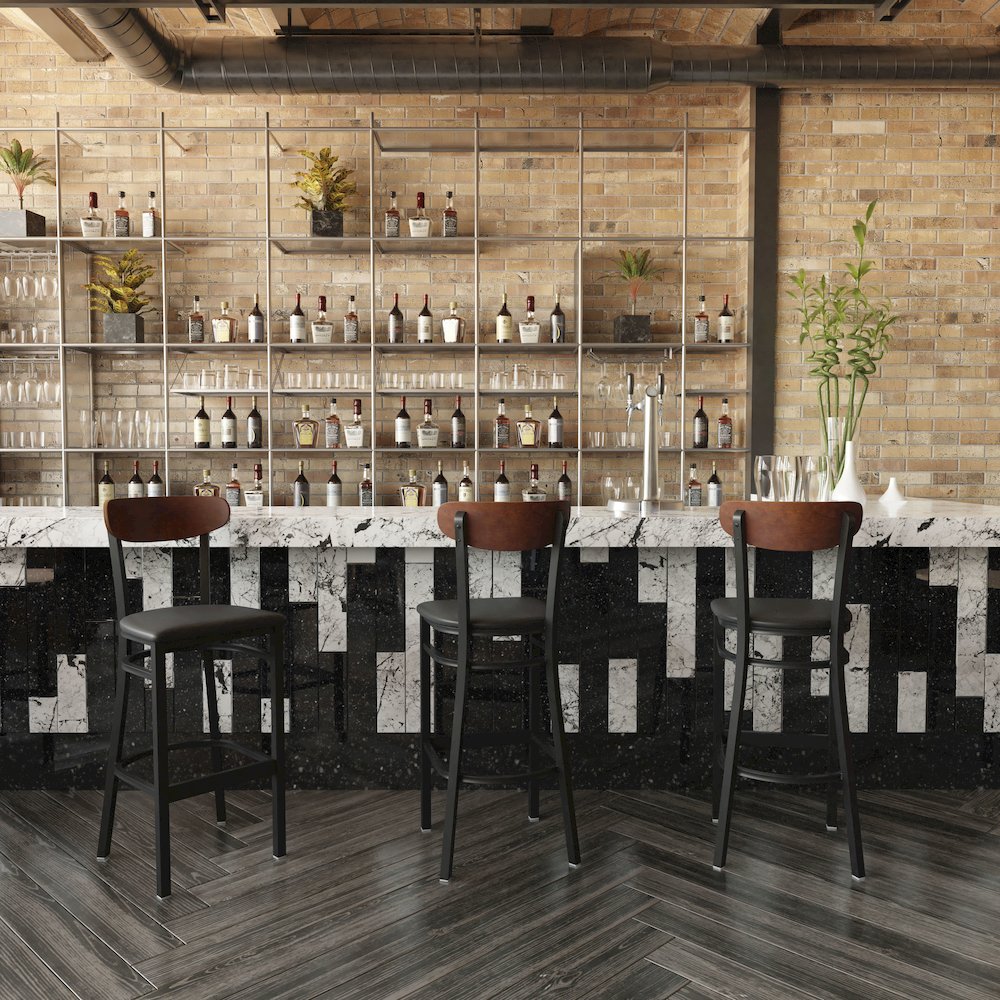 Commercial Bar Stool with Vinyl Upholstered Seat and Wood Boomerang Back. Picture 6