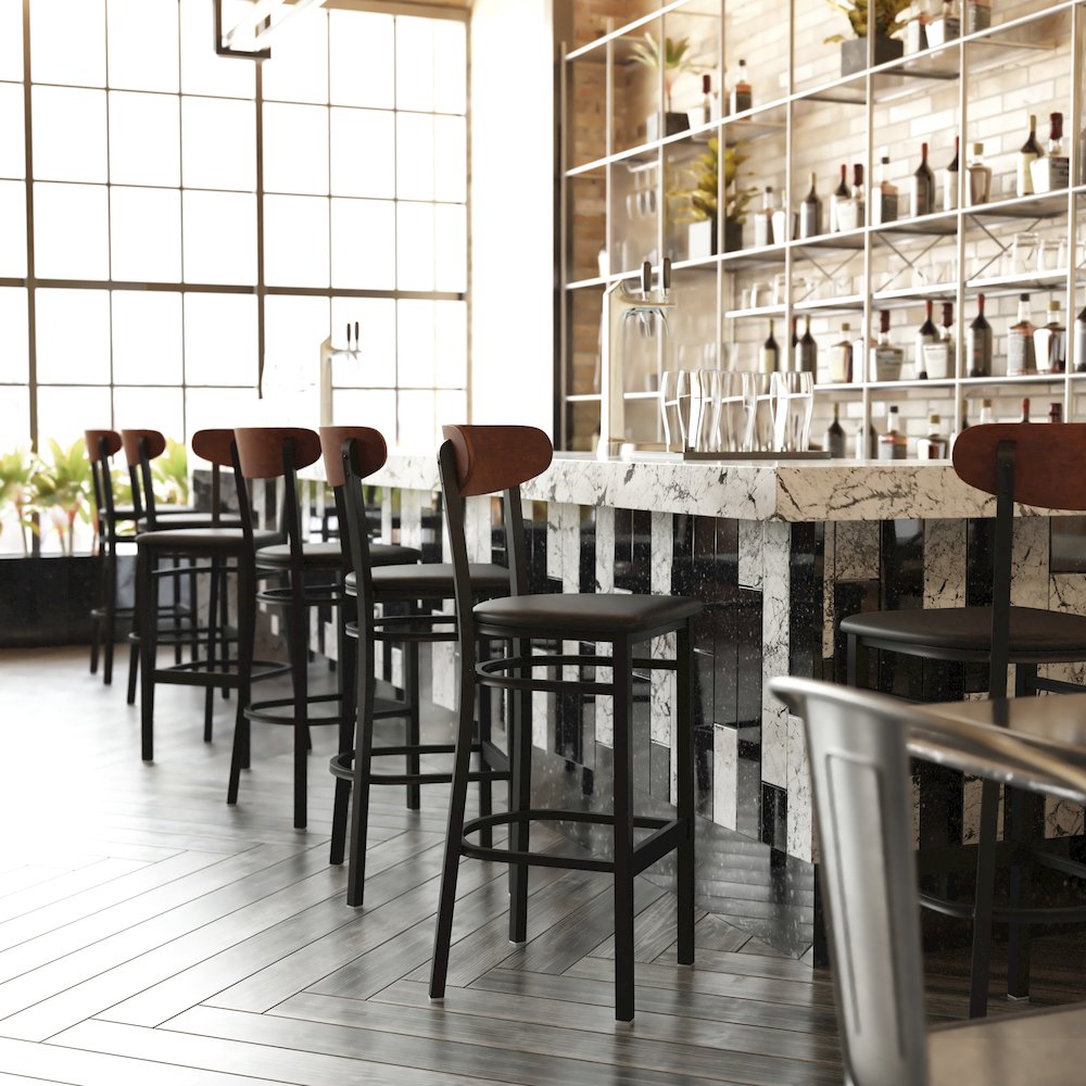 Commercial Bar Stool with Vinyl Upholstered Seat and Wood Boomerang Back. Picture 7