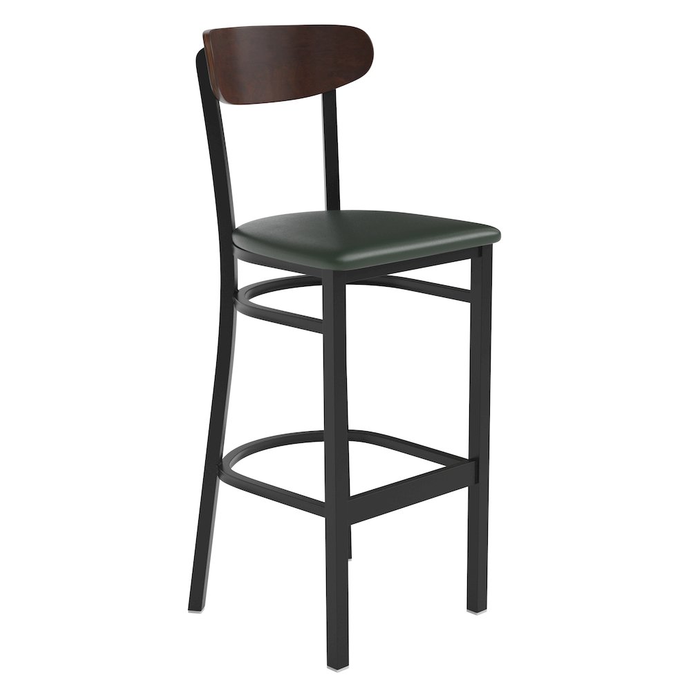 Barstool, Wooden Boomerang Back, and Green Vinyl Seat. Picture 1