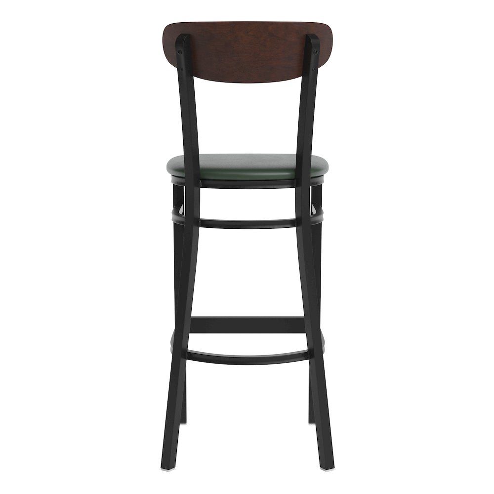 Barstool, Wooden Boomerang Back, and Green Vinyl Seat. Picture 8