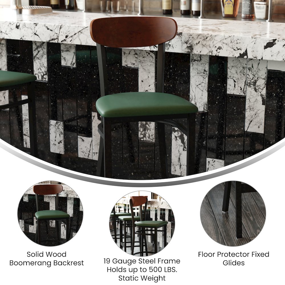 Barstool, Wooden Boomerang Back, and Green Vinyl Seat. Picture 4
