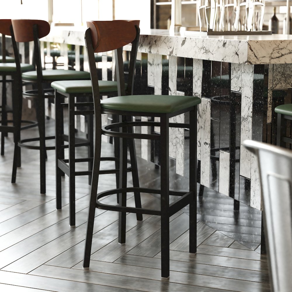 Barstool, Wooden Boomerang Back, and Green Vinyl Seat. Picture 2