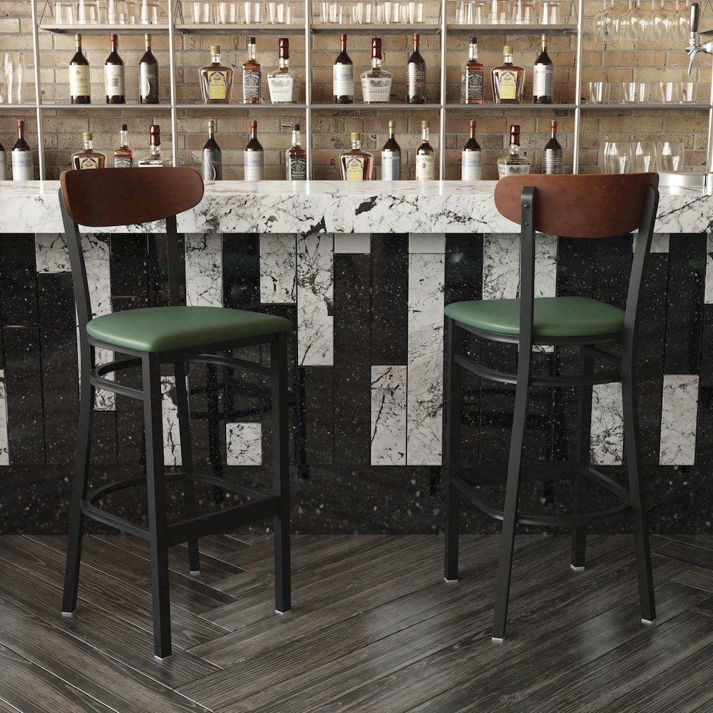 Barstool, Wooden Boomerang Back, and Green Vinyl Seat. Picture 6