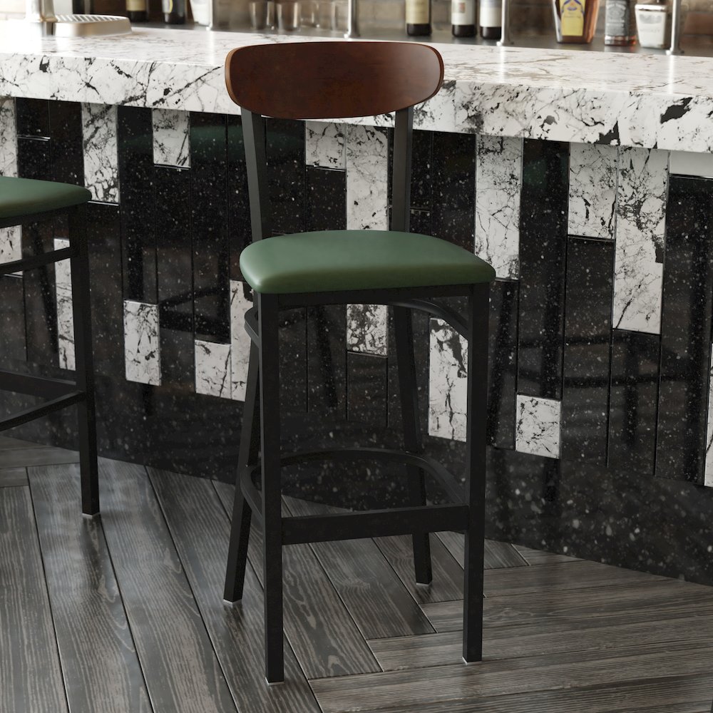 Barstool, Wooden Boomerang Back, and Green Vinyl Seat. Picture 7