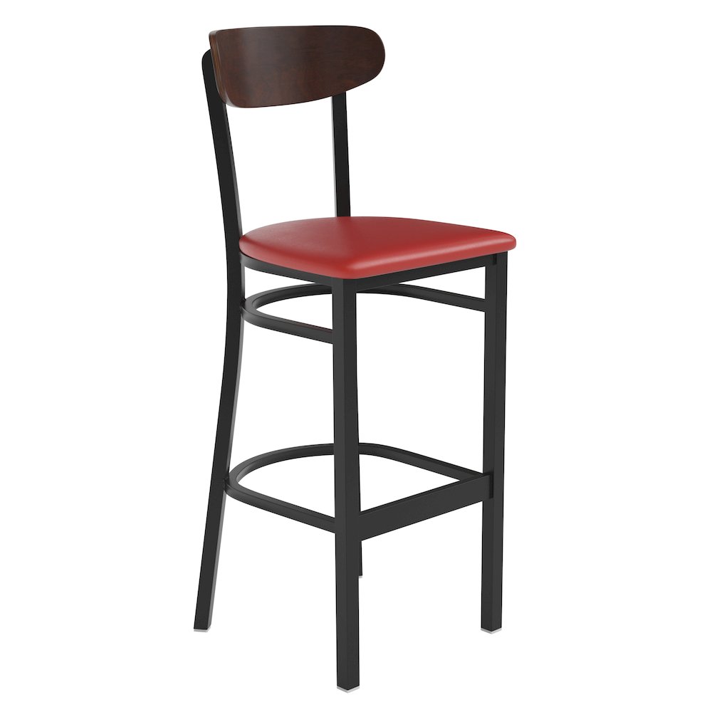 Barstool, Wooden Boomerang Back, and Red Vinyl Seat. Picture 1