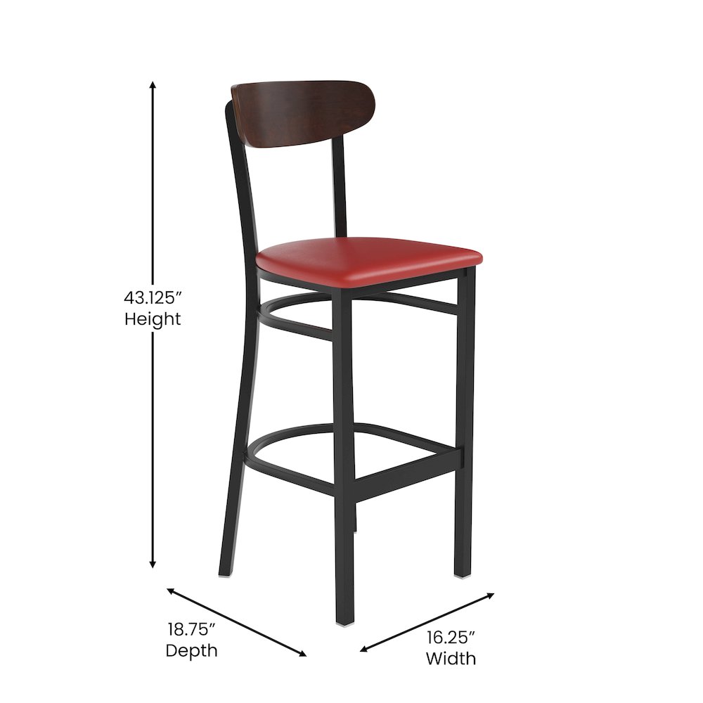 Barstool, Wooden Boomerang Back, and Red Vinyl Seat. Picture 5