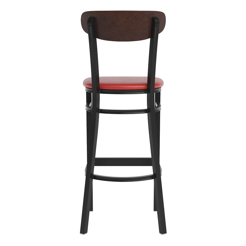 Barstool, Wooden Boomerang Back, and Red Vinyl Seat. Picture 8