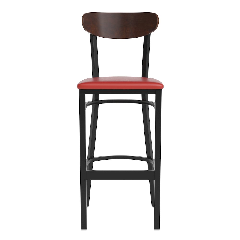 Barstool, Wooden Boomerang Back, and Red Vinyl Seat. Picture 10
