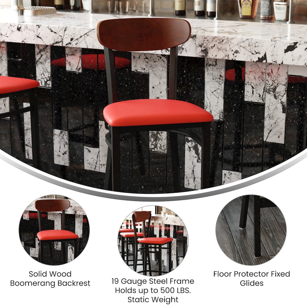 Barstool, Wooden Boomerang Back, and Red Vinyl Seat. Picture 4