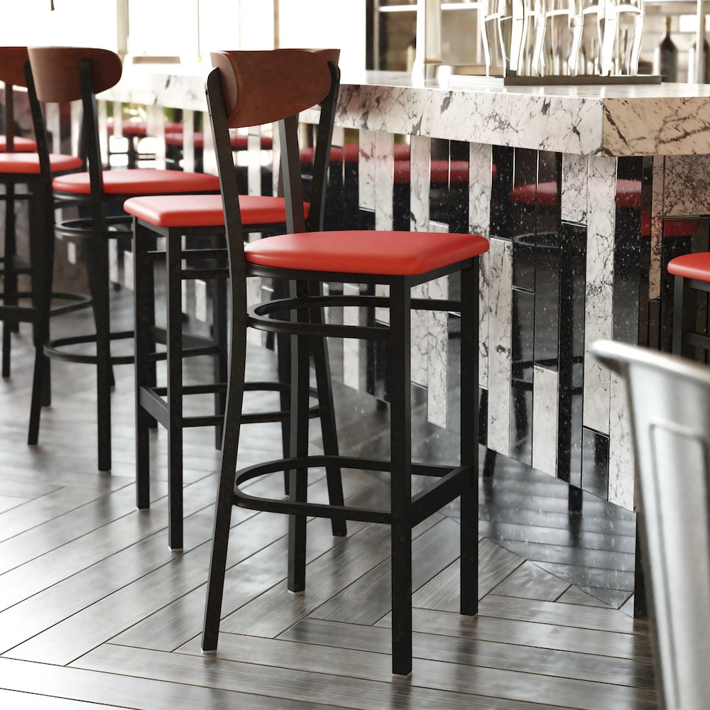 Barstool, Wooden Boomerang Back, and Red Vinyl Seat. Picture 2