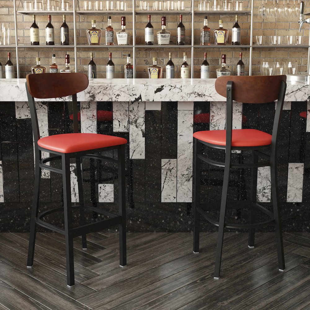 Barstool, Wooden Boomerang Back, and Red Vinyl Seat. Picture 6