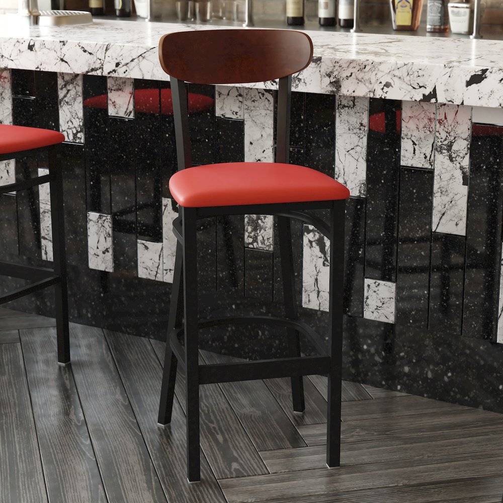 Barstool, Wooden Boomerang Back, and Red Vinyl Seat. Picture 7