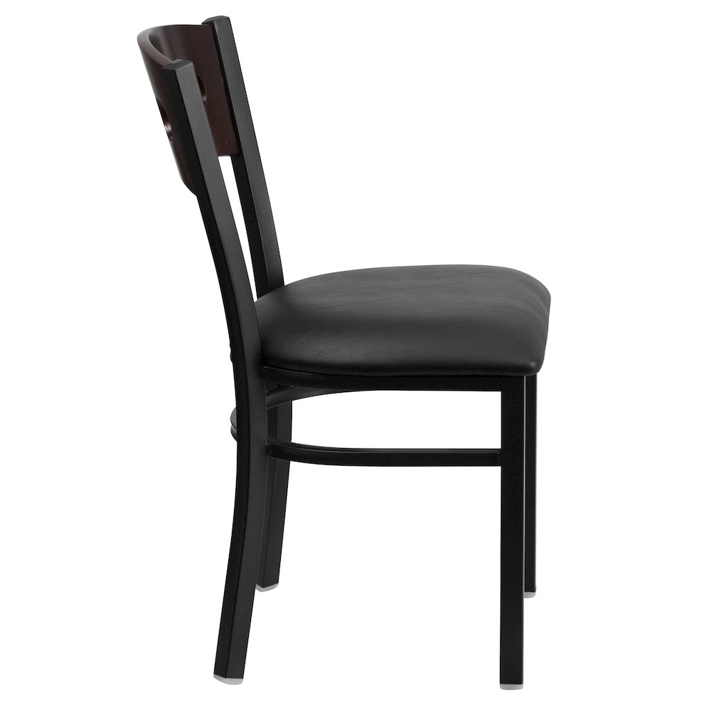 Black 3 Circle Back Metal Restaurant Chair - Walnut Wood Back, Black Vinyl Seat. Picture 5