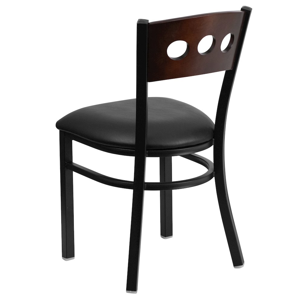 Black 3 Circle Back Metal Restaurant Chair - Walnut Wood Back, Black Vinyl Seat. Picture 4
