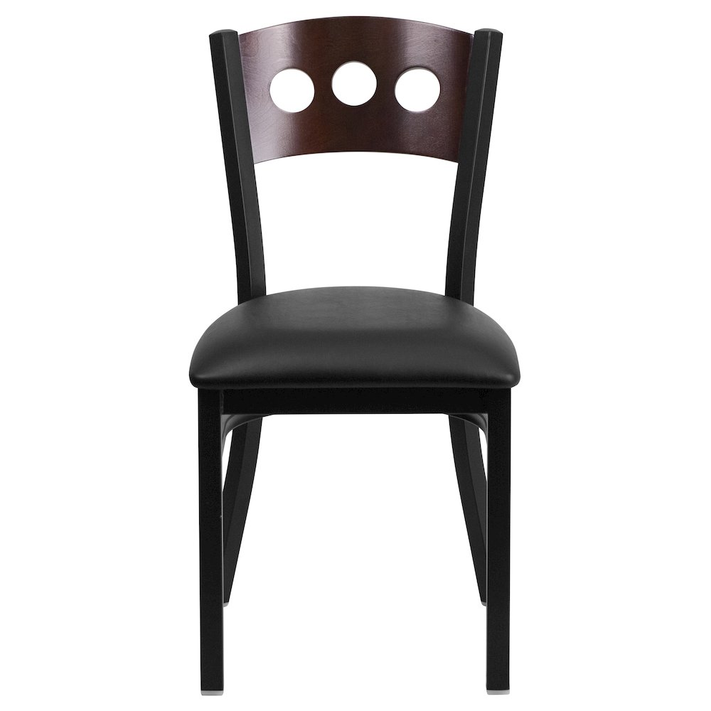 Black 3 Circle Back Metal Restaurant Chair - Walnut Wood Back, Black Vinyl Seat. Picture 6