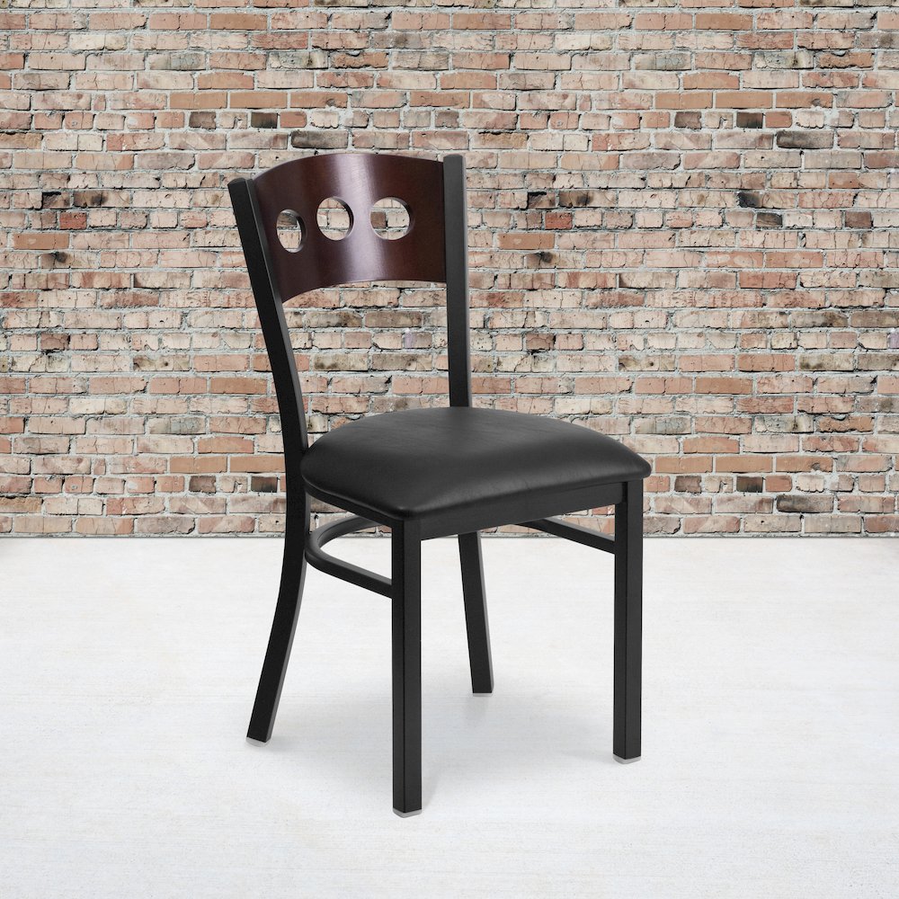 Black 3 Circle Back Metal Restaurant Chair - Walnut Wood Back, Black Vinyl Seat. Picture 2
