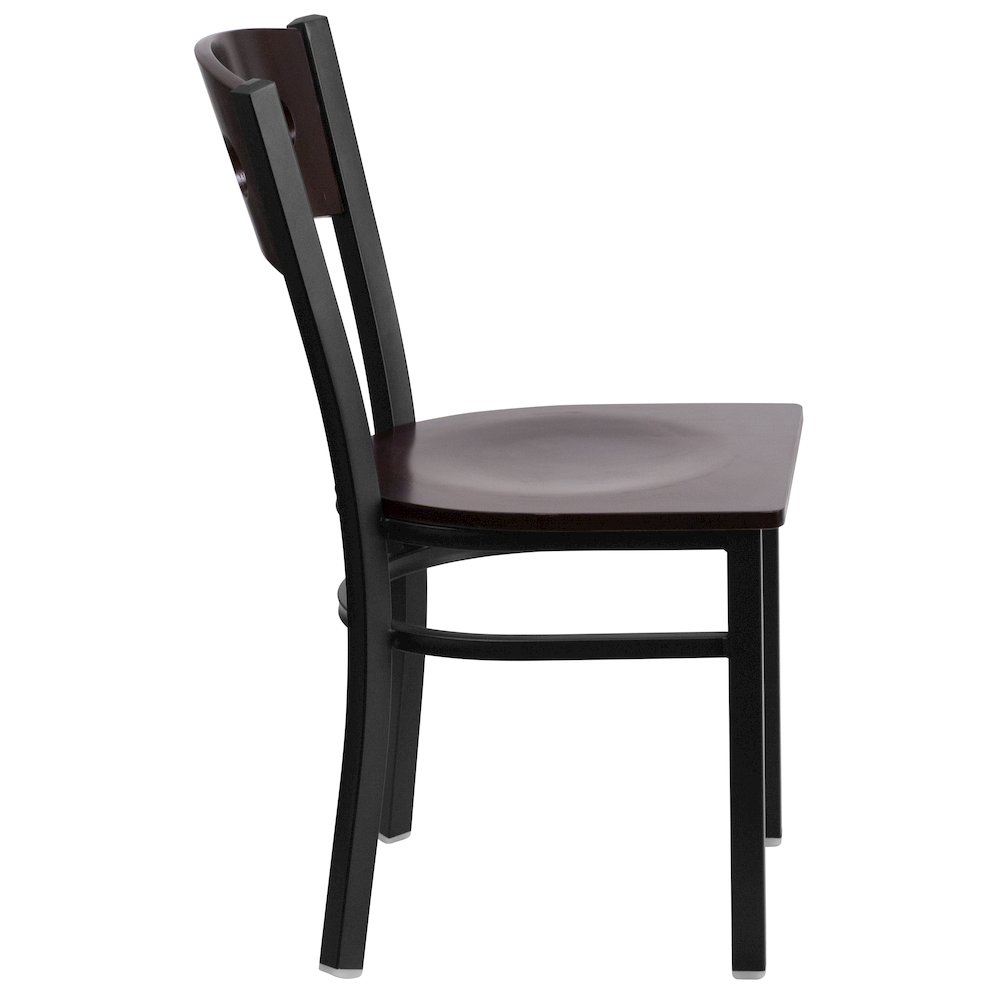 Black 3 Circle Back Metal Restaurant Chair - Walnut Wood Back & Seat. Picture 2