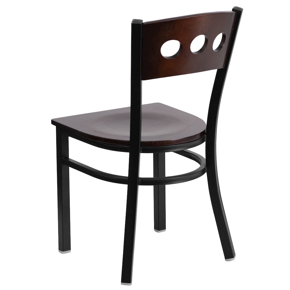 Black 3 Circle Back Metal Restaurant Chair - Walnut Wood Back & Seat. Picture 3
