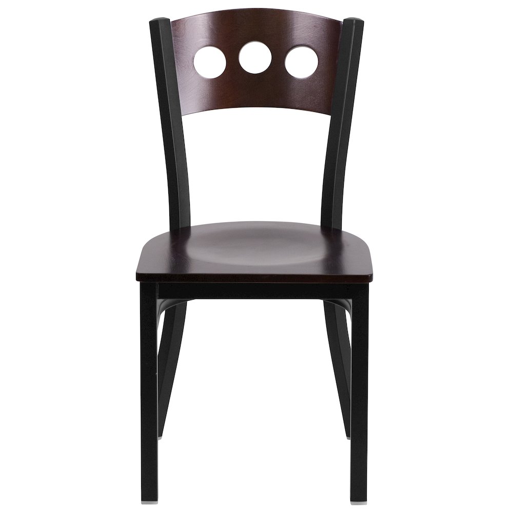 Black 3 Circle Back Metal Restaurant Chair - Walnut Wood Back & Seat. Picture 4